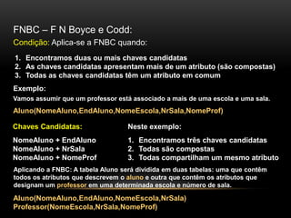 FNBC – F N Boyce e Codd:
Condição: Aplica-se a FNBC quando:
1. Encontramos duas ou mais chaves candidatas
2. As chaves candidatas apresentam mais de um atributo (são compostas)
3. Todas as chaves candidatas têm um atributo em comum
Exemplo:
Vamos assumir que um professor está associado a mais de uma escola e uma sala.
Aluno(NomeAluno,EndAluno,NomeEscola,NrSala,NomeProf)

Chaves Candidatas:                 Neste exemplo:
NomeAluno + EndAluno               1. Encontramos três chaves candidatas
NomeAluno + NrSala                 2. Todas são compostas
NomeAluno + NomeProf               3. Todas compartilham um mesmo atributo
Aplicando a FNBC: A tabela Aluno será dividida em duas tabelas: uma que contêm
todos os atributos que descrevem o aluno e outra que contêm os atributos que
designam um professor em uma determinada escola e número de sala.

Aluno(NomeAluno,EndAluno,NomeEscola,NrSala)
Professor(NomeEscola,NrSala,NomeProf)
 