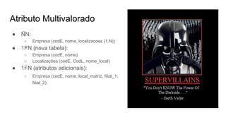 Atributo Multivalorado
● ÑN:
○ Empresa (codE, nome, localizacoes (1,N))
● 1FN (nova tabela):
○ Empresa (codE, nome)
○ Localizações (codE, CodL, nome_local)
● 1FN (atributos adicionais):
○ Empresa (codE, nome, local_matriz, filial_1,
filial_2)
 