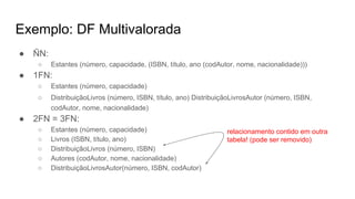 Exemplo: DF Multivalorada
● ÑN:
○ Estantes (número, capacidade, (ISBN, título, ano (codAutor, nome, nacionalidade)))
● 1FN:
○ Estantes (número, capacidade)
○ DistribuiçãoLivros (número, ISBN, título, ano) DistribuiçãoLivrosAutor (número, ISBN,
codAutor, nome, nacionalidade)
● 2FN = 3FN:
○ Estantes (número, capacidade)
○ Livros (ISBN, título, ano)
○ DistribuiçãoLivros (número, ISBN)
○ Autores (codAutor, nome, nacionalidade)
○ DistribuiçãoLivrosAutor(número, ISBN, codAutor)
relacionamento contido em outra
tabela! (pode ser removido)
 