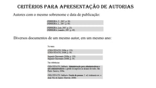 CRITÉRIOS PARA APRESENTAÇÃO DE AUTORIAS
Autores com o mesmo sobrenome e data de publicação:
Diversos documentos de um mesmo autor, em um mesmo ano:
 