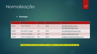 Normalização
 Exemplo
17
ID Nome Idade Nacionalidade E-mail
0001 Tom Hanks 51 USA tom@yahoo.com,
tom@hotmail.com
0002 Nicolas Cage 43 USA nicolas@hotmail.com
1010 Johnny Depp 44 USA johnny@gmail.com
2345 John Malkovich 54 USA malkovich@hotmail.com
O esquema não se encontra na 1FN, o atributo e-mail contém mais de um valor.
 