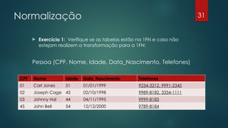 Normalização
 Exercício 1: Verifique se as tabelas estão na 1FN e caso não
estejam realizem a transformação para a 1FN:
Pessoa (CPF, Nome, Idade, Data_Nascimento, Telefones)
31
CPF Nome Idade Data_Nascimento Telefones
01 Carl Jones 51 01/01/1999 9234-3212, 9991-2345
02 Joseph Cage 43 02/10/1998 9989-8182, 3334-1111
03 Johnny Hal 44 04/11/1995 9999-8183
45 John Bell 54 12/12/2000 9789-8184
 