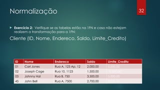 Normalização
 Exercício 2: Verifique se as tabelas estão na 1FN e caso não estejam
realizem a transformação para a 1FN:
Cliente (ID, Nome, Endereco, Saldo, Limite_Credito)
32
ID Nome Endereco Saldo Limite_Credito
01 Carl Jones Rua A, 123 Ap. 12 2.000,00 5.000,00
02 Joseph Cage Rua 10, 1123 1.500,00 10.000,00
03 Johnny Hal Rua B, 750 3.500,00 5.000,00
45 John Bell Rua A, 7500 2.700,00 3.000,00
 