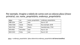 Por exemplo. Imagine a tabela de carros com as colunas placa (chave
primária), cor, nome_proprietário, endereço_proprietário:
placa cor nome_proprietário endereço_proprietário
ABX-1234 Azul José Rua X, 123
NNU-5566 Verde Marcos Rua exemplo, 5678
SGH-7210 Preto Maria Avenida teste, 7743
ERT-6902 Vermelho José Rua X, 123
BGH-5431 Preto José Rua X, 123
placa -> endereço_proprietário (placa determina endereço_proprietário de forma transitiva)
 