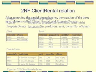 2NF ClientRental relation After removing the partial dependencies, the creation of the three  new relations called  Client, Rental,  and  PropertyOwner Client Rental PropertyOwner Client   ( clientNo , cName) Rental   ( clientNo ,  propertyNo , rentStart, rentFinish) PropertyOwner  ( propertyNo , pAddress, rent, ownerNo, oName) Figure 6  2NF ClientRental relation ClientNo cName CR76 John  Kay CR56 Aline  Stewart ClientNo propertyNo rentStart rentFinish CR76 PG4 1-Jul-00 31-Aug-01 CR76 PG16 1-Sep-02 1-Sep-02 CR56 PG4 1-Sep-99 10-Jun-00 CR56 PG36 10-Oct-00 1-Dec-01 CR56 PG16 1-Nov-02 1-Aug-03 propertyNo pAddress rent ownerNo oName PG4 6 lawrence St,Glasgow 350 CO40 Tina Murphy PG16 5 Novar Dr, Glasgow 450 CO93 Tony Shaw PG36 2 Manor Rd, Glasgow 370 CO93 Tony Shaw 