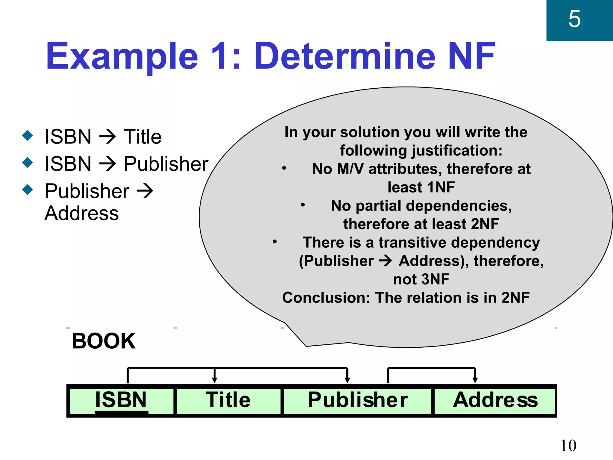 5
    Example 1: Determine NF
x   ISBN  Title              In your solution you will write the
                                      following justification:
x   ISBN  Publisher         •    No M/V attributes, therefore at
x   Publisher                                least 1NF
                                •   No partial dependencies,
    Address                            therefore at least 2NF
                           •     There is a transitive dependency
                                (Publisher  Address), therefore,
                                               not 3NF
                             Conclusion: The relation is in 2NF

      BOOK

        ISBN       Title       Publisher            Address

                                                                    10
 