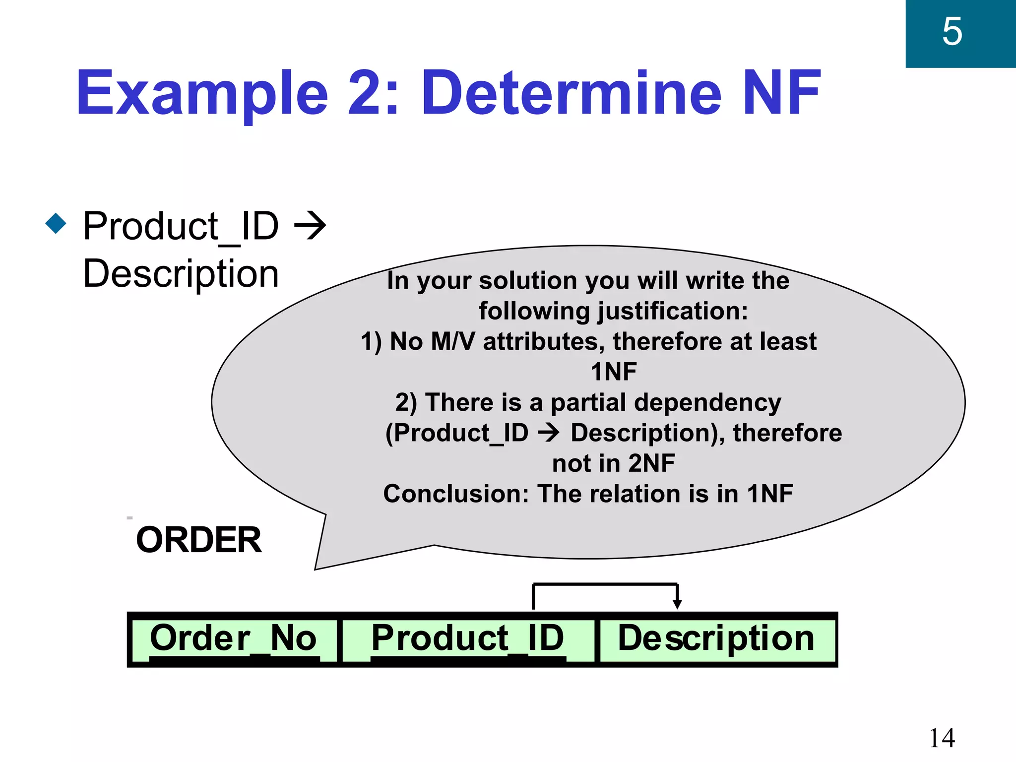 5
    Example 2: Determine NF
x   Product_ID 
    Description       In your solution you will write the
                              following justification:
                   1) No M/V attributes, therefore at least
                                        1NF
                       2) There is a partial dependency
                     (Product_ID  Description), therefore
                                     not in 2NF
                     Conclusion: The relation is in 1NF
      ORDER

       Order_No    Product_ID           Description

                                                              14
 