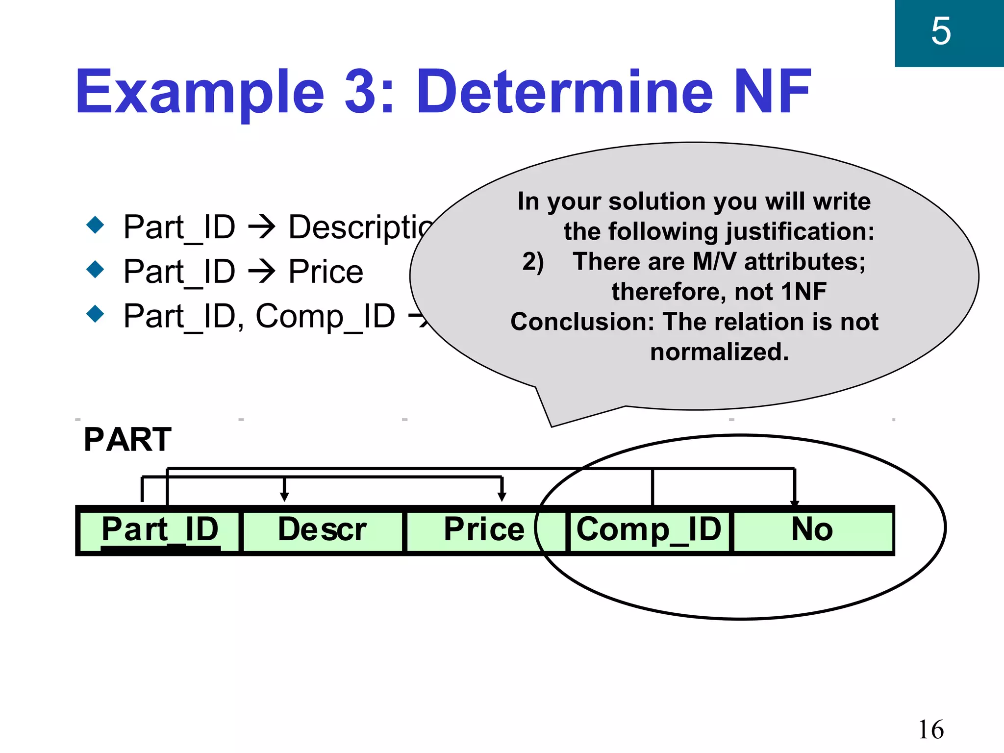 5
Example 3: Determine NF
                            In your solution you will write
x   Part_ID  Description       the following justification:
                             2) There are M/V attributes;
x   Part_ID  Price
                                    therefore, not 1NF
x   Part_ID, Comp_ID  No   Conclusion: The relation is not
                                        normalized.


PART

Part_ID     Descr     Price      Comp_ID            No




                                                               16
 