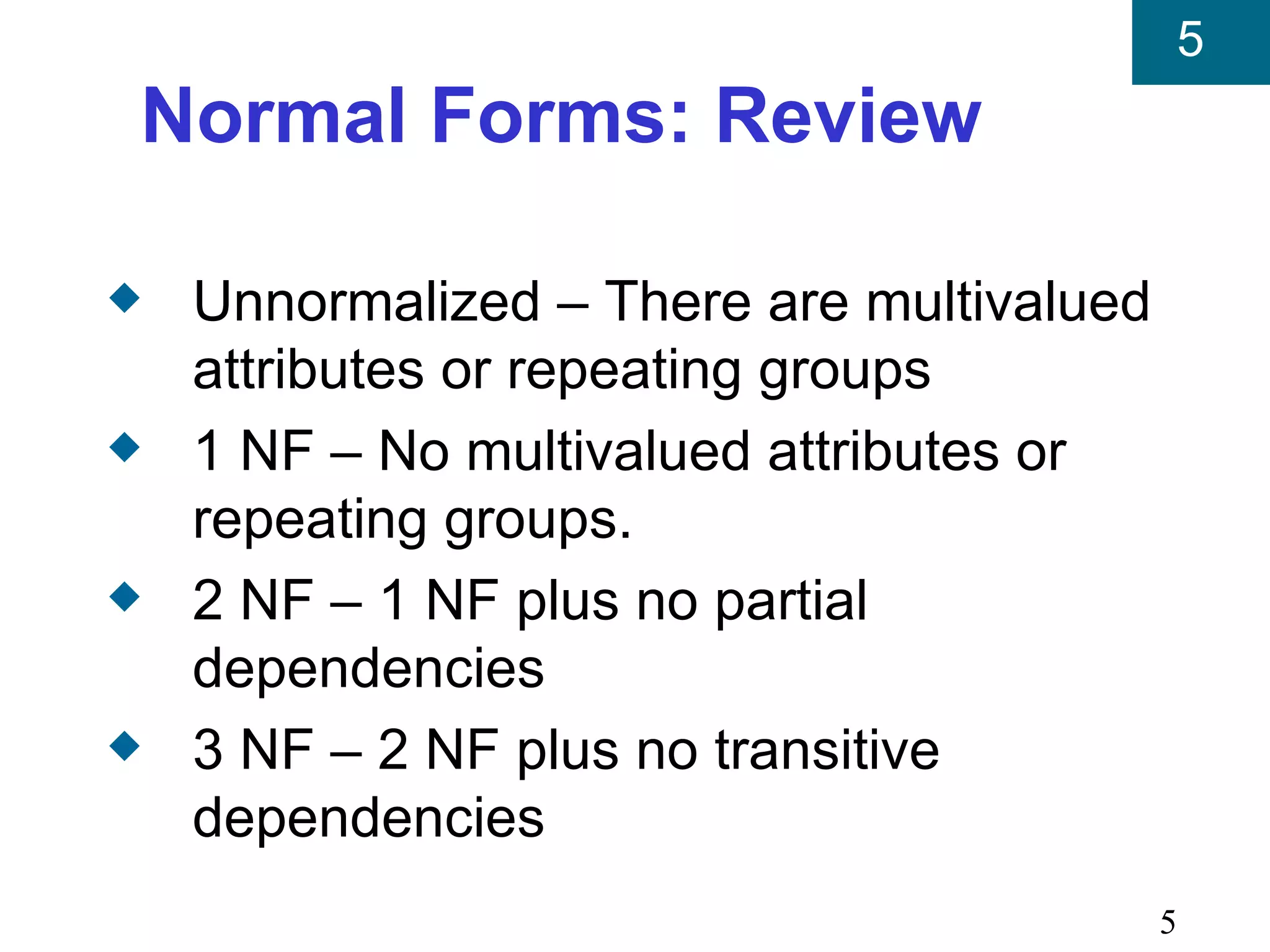 5
Normal Forms: Review

x   Unnormalized – There are multivalued
    attributes or repeating groups
x   1 NF – No multivalued attributes or
    repeating groups.
x   2 NF – 1 NF plus no partial
    dependencies
x   3 NF – 2 NF plus no transitive
    dependencies
                                           5
 