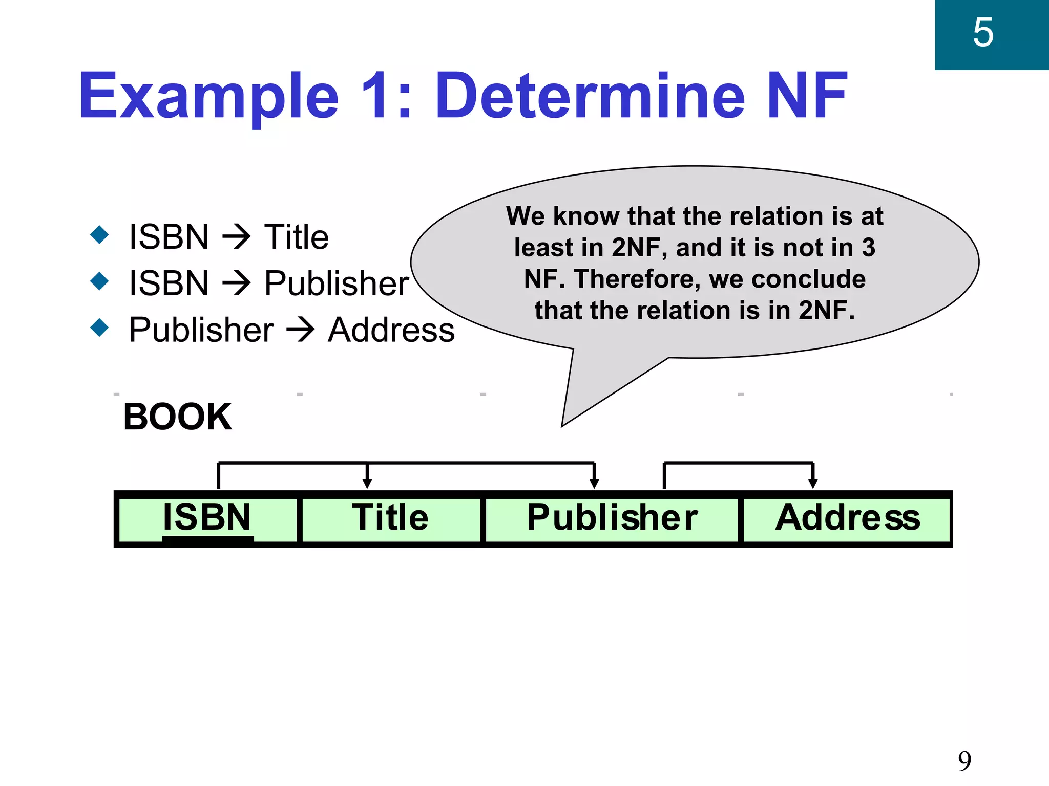 5
Example 1: Determine NF
                          We know that the relation is at
x   ISBN  Title          least in 2NF, and it is not in 3
x   ISBN  Publisher       NF. Therefore, we conclude
                            that the relation is in 2NF.
x   Publisher  Address

    BOOK

     ISBN       Title      Publisher            Address




                                                             9
 