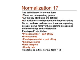 Normalization 17
The definition of 1st normal form
There are no repeating groups
All the key attributes are defined
All attributes are dependent on the primary key
So far, we have no keys, and there are repeating
groups. So we remove the repeating groups and
define the keys and are left with:
Employee Project table
Project number – part of key
Project name
Employee number – part of key
Employee name
Rate category
Hourly rate
This table is in first normal form (1NF)
 