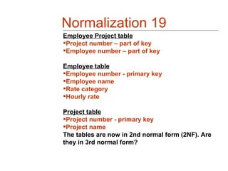 Normalization 19
Employee Project table
Project number – part of key
Employee number – part of key

Employee table
Employee number - primary key
Employee name
Rate category
Hourly rate

Project table
Project number - primary key
Project name
The tables are now in 2nd normal form (2NF). Are
they in 3rd normal form?
 
