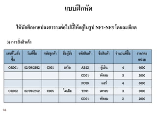 แบบฝึ กหัด
              ให้ นักศึกษาแปลงตารางต่ อไปนีให้ อยู่ในรูป NF1-NF3 โดยละเอียด
                                           ้

     3) การสั่ งสิ นค้ า
     เลขที่ใบสัง่    วันที่ซ้ ือ   รหัสลูกค้า   ชื่อผูสง่ั
                                                      ้      รหัสสินค้า   ชื่อสินค้า   จานวนที่ซ้ ือ   ราคาต่อ
        ซื้อ                                                                                            หน่ วย
      OR001         02/09/2552       C001        เดวิด         AB12        ตูเ้ ย็น         4           4000
                                                               CD01        พัดลม            3           2000
                                                               PC09         แอร์            4           6000
      OR002         02/09/2552       C005       ไมเคิล         TP01        เตาอบ            3           3000
                                                               CD01        พัดลม            2           2000

36
 