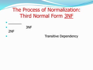 The Process of Normalization:
         Third Normal Form 3NF

          3NF
    2NF
                  Transitive Dependency
 