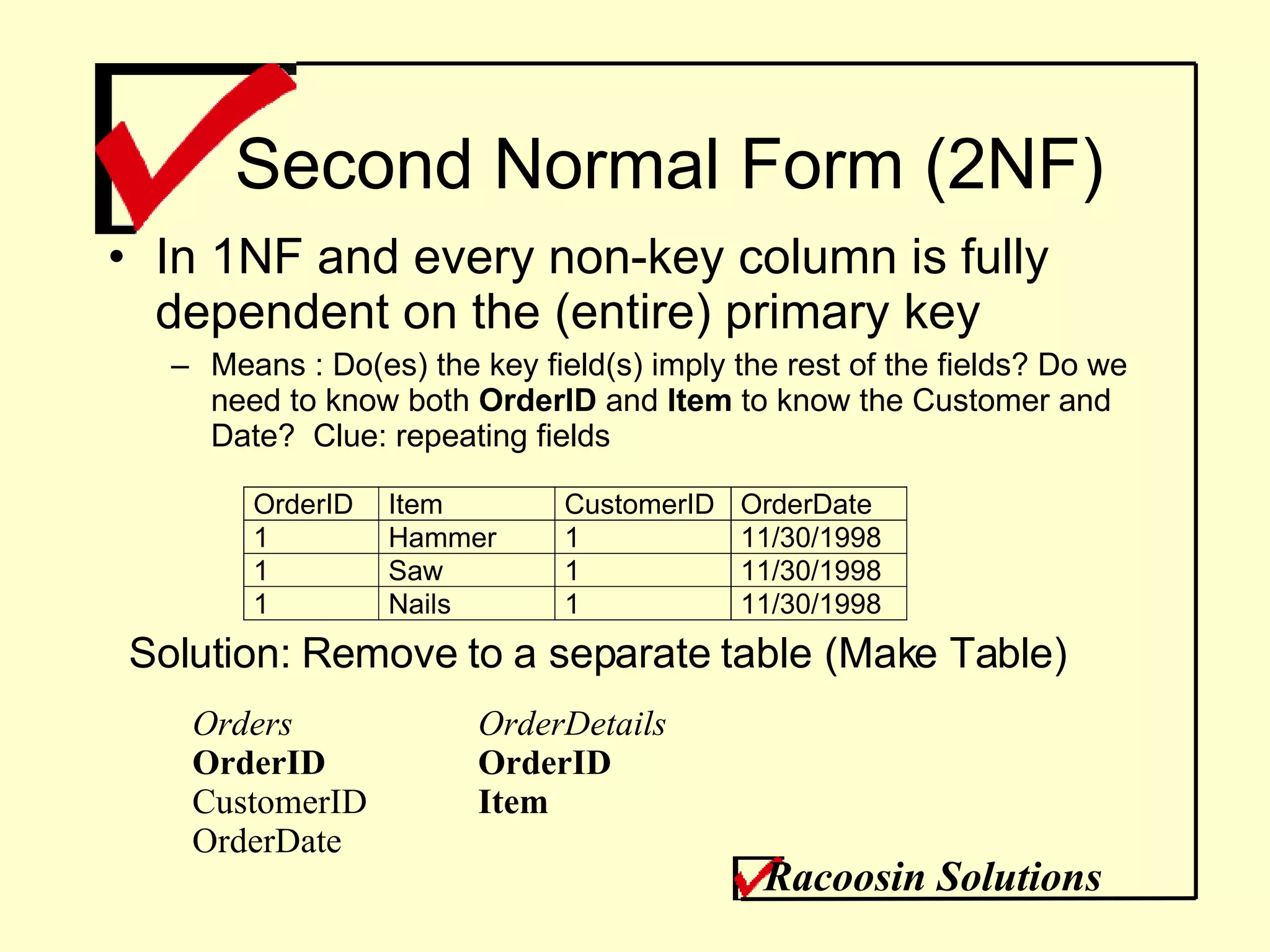 Second Normal Form (2NF) In 1NF and every non-key column is fully dependent on the (entire) primary key Means : Do(es) the key field(s) imply the rest of the fields? Do we need to know both  OrderID  and  Item  to know the Customer and Date?  Clue: repeating fields Solution: Remove to a separate table (Make Table) OrderDetails OrderID Item Orders OrderID CustomerID OrderDate Racoosin Solutions 