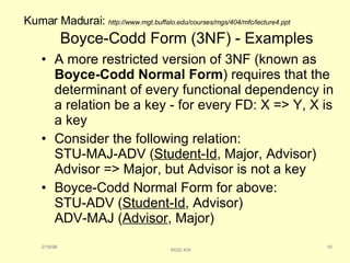 Boyce-Codd Form (3NF) - Examples A more restricted version of 3NF (known as  Boyce-Codd Normal Form ) requires that the determinant of every functional dependency in a relation be a key - for every FD: X => Y, X is a key Consider the following relation: STU-MAJ-ADV ( Student-Id , Major, Advisor) Advisor => Major, but Advisor is not a key Boyce-Codd Normal Form for above: STU-ADV ( Student-Id , Advisor) ADV-MAJ ( Advisor , Major) 2/16/98 10 MGS 404 2/16/98 10 Kumar Madurai:  http://www.mgt.buffalo.edu/courses/mgs/404/mfc/lecture4.ppt 