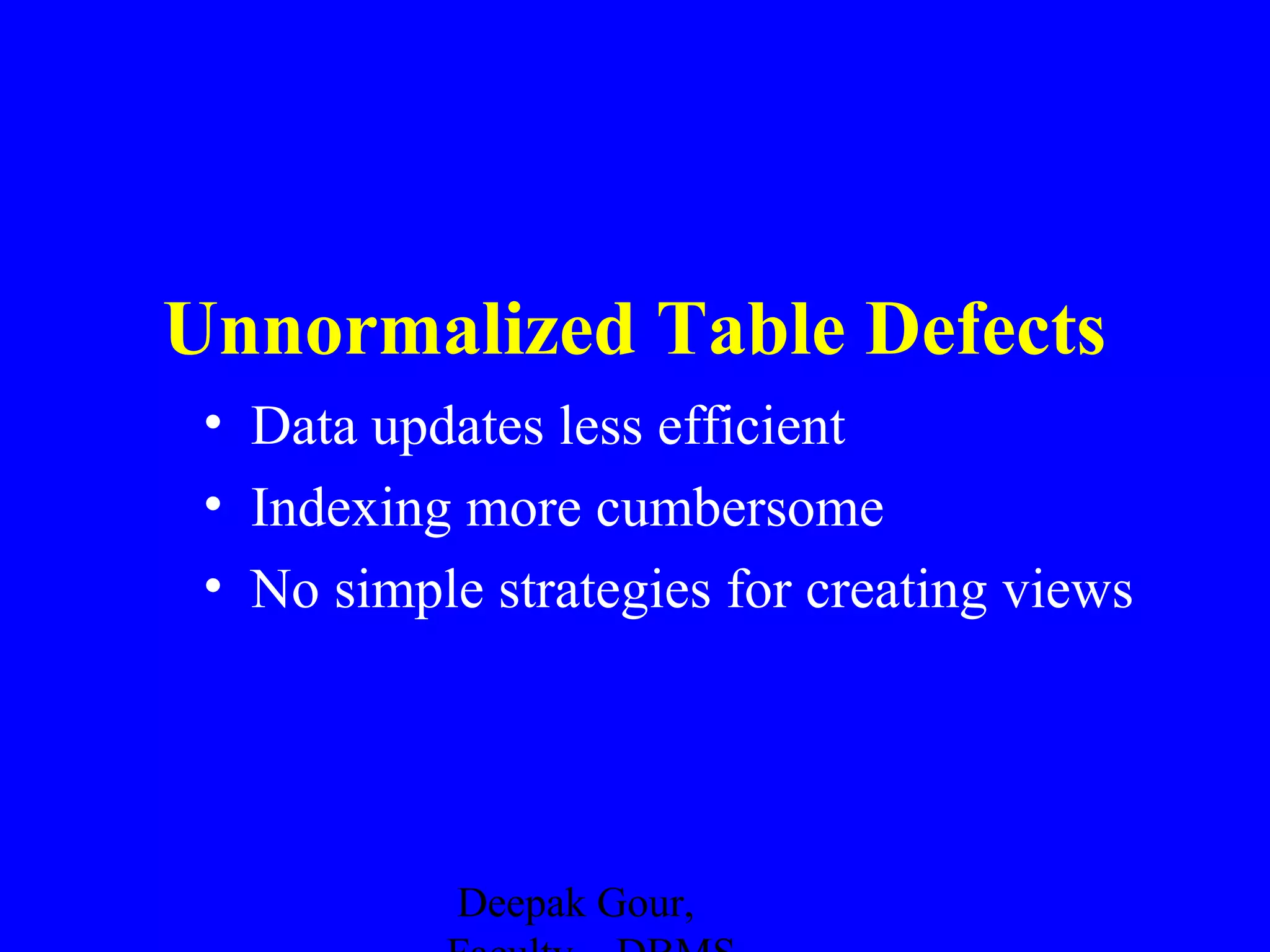 Unnormalized Table Defects
• Data updates less efficient
• Indexing more cumbersome
• No simple strategies for creating views

Deepak Gour,

 
