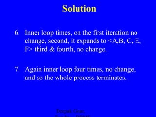 Solution
6. Inner loop times, on the first iteration no
change, second, it expands to <A,B, C, E,
F> third & fourth, no change.
7. Again inner loop four times, no change,
and so the whole process terminates.

Deepak Gour,

 