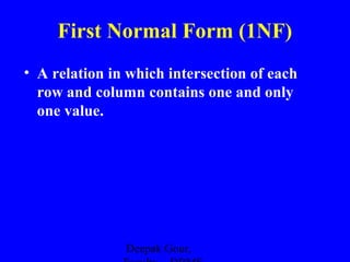 First Normal Form (1NF)
• A relation in which intersection of each
row and column contains one and only
one value.

Deepak Gour,

 
