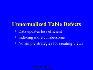 Unnormalized Table Defects
• Data updates less efficient
• Indexing more cumbersome
• No simple strategies for creating views

Deepak Gour,

 