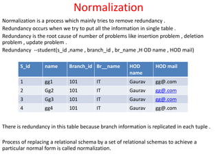 Normalization
Normalization is a process which mainly tries to remove redundancy .
Redundancy occurs when we try to put all the information in single table .
Redundancy is the root cause of number of problems like insertion problem , deletion
problem , update problem .
Redundancy --student(s_id ,name , branch_id , br_name ,H OD name , HOD mail)
There is redundancy in this table because branch information is replicated in each tuple .
Process of replacing a relational schema by a set of relational schemas to achieve a
particular normal form is called normalization.
S_id name Branch_id Br__name HOD
name
HOD mail
1 gg1 101 IT Gaurav gg@.com
2 Gg2 101 IT Gaurav gg@.com
3 Gg3 101 IT Gaurav gg@.com
4 gg4 101 IT Gaurav gg@.com
 