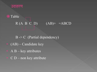  Table
R (A B C D) (AB)+ =ABCD
B -> C (Partial dependency)
• (AB) – Candidate key
• A B – key attributes
• C D – non key attribute
 