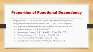 Properties of Functional Dependency
• The properties of FD are used to infer logically implied functional dependencies.
• By applying these rules closure of some set F of FD ( F+ ) can be computed.
• Every functional dependency satisfies these blind rules. They are universal rules.
1. Reflexive Property: If X ⊇ Y then X → Y.
2. Augmentation Property: If W → Z and X → Y then WX → YZ.
3. Transitive Property: If X → Y and Y → Z then X → Z.
4. Union Property: If X → Y and X → Z then X → YZ.
5. Decomposition Property: If X → YZ then X → Y and X → Z.
14
 