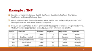 Example : 3NF
 Consider a relation Customers( CustID, CustName, CreditLimit, RepNum, RepFName,
RepLName) and inspect following data.
 CustID is primary key. The attributes CustName, CreditLimit, RepNum all depend on CustID
but RepFName and RepLName depend on RepNum.
 Here, we observe the fact that non-prime attributes depend on another non-prime attribute.
That is, transitive dependency is found. So, Customers relation is not on 3NF.
41
CustID CustName Creditlimit RepNum RepFName RepLName
101 KMC 15000 15 Ishan Maskey
202 Teaching Hospital 20000 25 Santosh Sharma
303 Manmohan Memorial 18000 15 Ishan Maskey
305 Star Hospital 12000 50 Kiran Chemjong
505 B and B 20000 25 Santosh Sharma
 