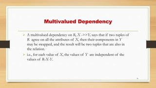 Multivalued Dependency
56
 A multivalued dependency on R, X ->>Y, says that if two tuples of
R agree on all the attributes of X, then their components in Y
may be swapped, and the result will be two tuples that are also in
the relation.
 i.e., for each value of X, the values of Y are independent of the
values of R-X-Y.
 