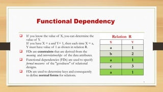 Functional Dependency
 If you know the value of X, you can determine the
value of Y.
If you have X = a and Y= 1, then each time X = a,
Y must have value of 1 as shown in relation R.
 FDs are constraints that are derived from the
meaning and interrelationships of the data attributes.
 Functional dependencies (FDs) are used to specify
formal measures of the "goodness" of relational
designs.
 FDs are used to determine keys and consequently
to define normal forms for relations.
9
Relation R
X Y
a 1
b 2
a 1
c 3
a 1
 