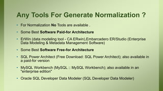 Any Tools For Generate Normalization ?
• For Normalization No Tools are available .
• Some Best Software Paid-for Architecture
• ErWin (data modeling tool - CA ERwin),Embarcadero ER/Studio (Enterprise
Data Modeling & Metadata Management Software)
• Some Best Software Free-for Architecture
• SQL Power Architect (Free Download: SQL Power Architect); also available in
a paid-for version
• MySQL Workbench (MySQL :: MySQL Workbench); also available in an
"enterprise edition"
• Oracle SQL Developer Data Modeler (SQL Developer Data Modeler)
 