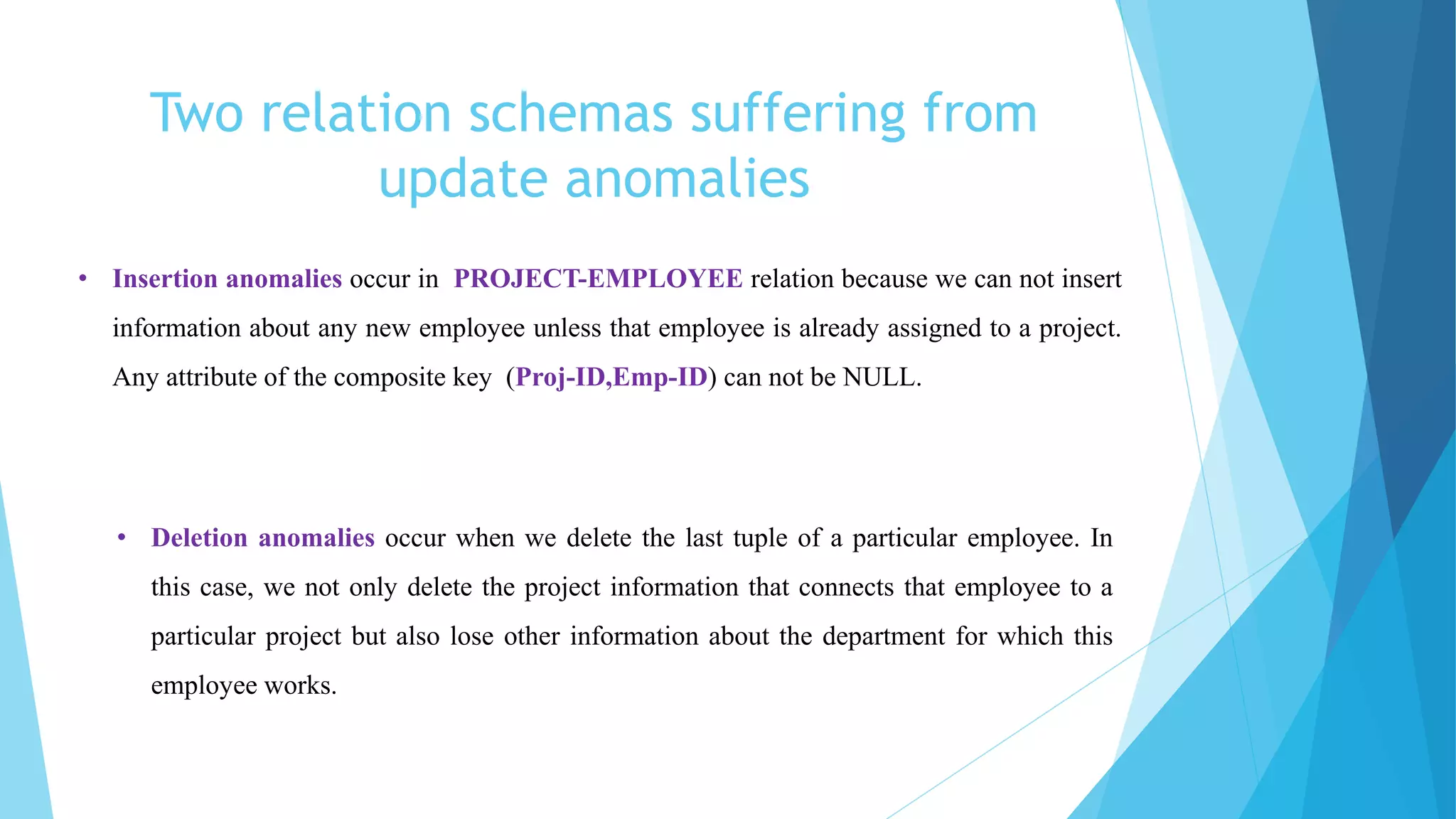 Two relation schemas suffering from
update anomalies
• Insertion anomalies occur in PROJECT-EMPLOYEE relation because we can not insert
information about any new employee unless that employee is already assigned to a project.
Any attribute of the composite key (Proj-ID,Emp-ID) can not be NULL.
• Deletion anomalies occur when we delete the last tuple of a particular employee. In
this case, we not only delete the project information that connects that employee to a
particular project but also lose other information about the department for which this
employee works.
 