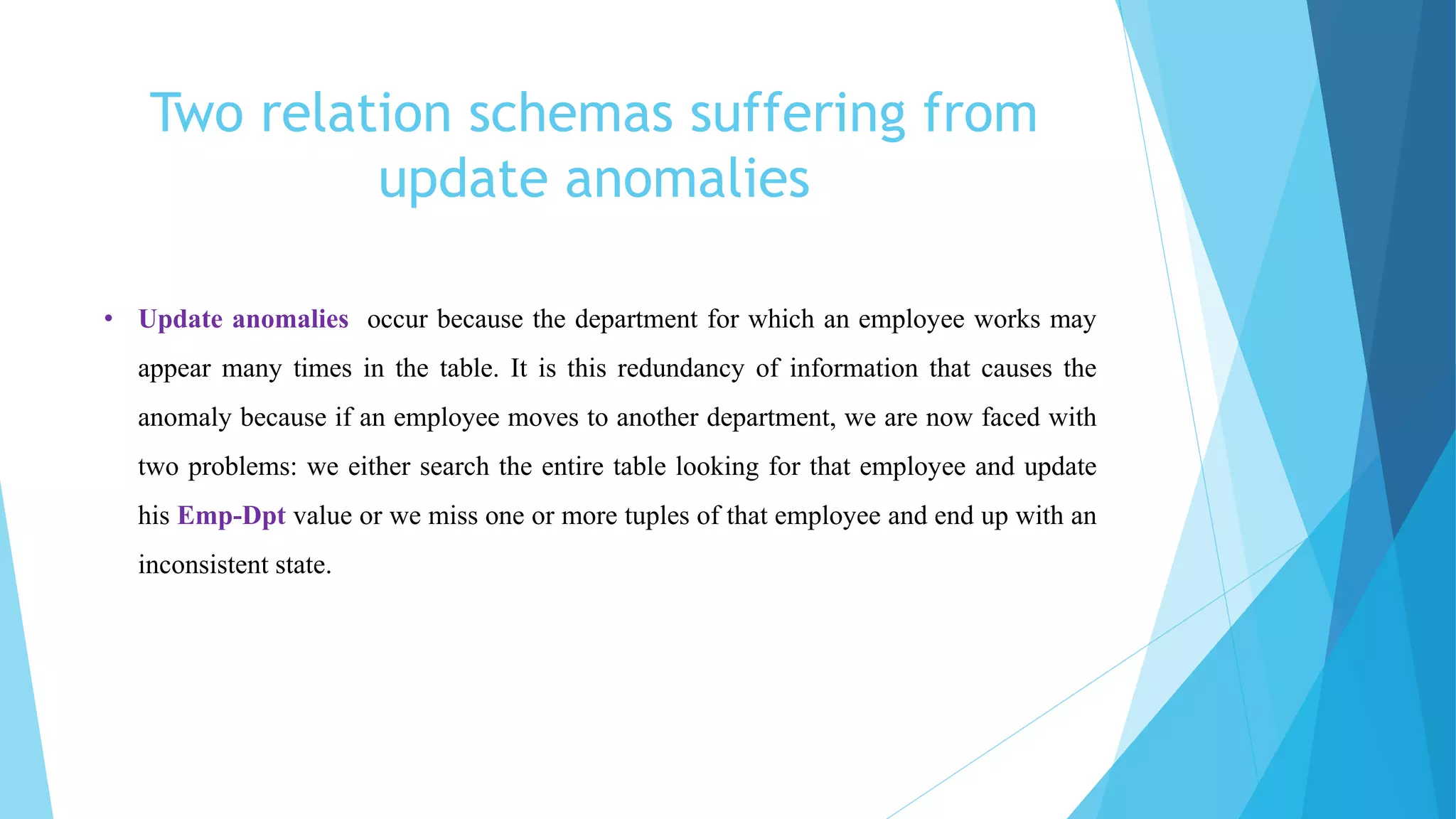 Two relation schemas suffering from
update anomalies
• Update anomalies occur because the department for which an employee works may
appear many times in the table. It is this redundancy of information that causes the
anomaly because if an employee moves to another department, we are now faced with
two problems: we either search the entire table looking for that employee and update
his Emp-Dpt value or we miss one or more tuples of that employee and end up with an
inconsistent state.
 