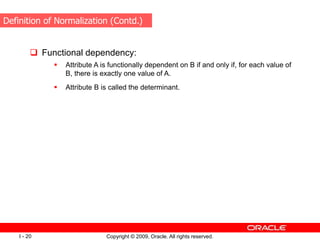 Copyright © 2009, Oracle. All rights reserved.
I - 20
 Functional dependency:
 Attribute A is functionally dependent on B if and only if, for each value of
B, there is exactly one value of A.
 Attribute B is called the determinant.
Definition of Normalization (Contd.)
 