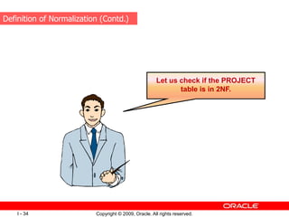 Copyright © 2009, Oracle. All rights reserved.
I - 34
Let us check if the PROJECT
table is in 2NF.
Definition of Normalization (Contd.)
 