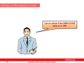 Copyright © 2009, Oracle. All rights reserved.
I - 48
Let us check if the EMPLOYEE
table is in 3NF.
Definition of Normalization (Contd.)
 