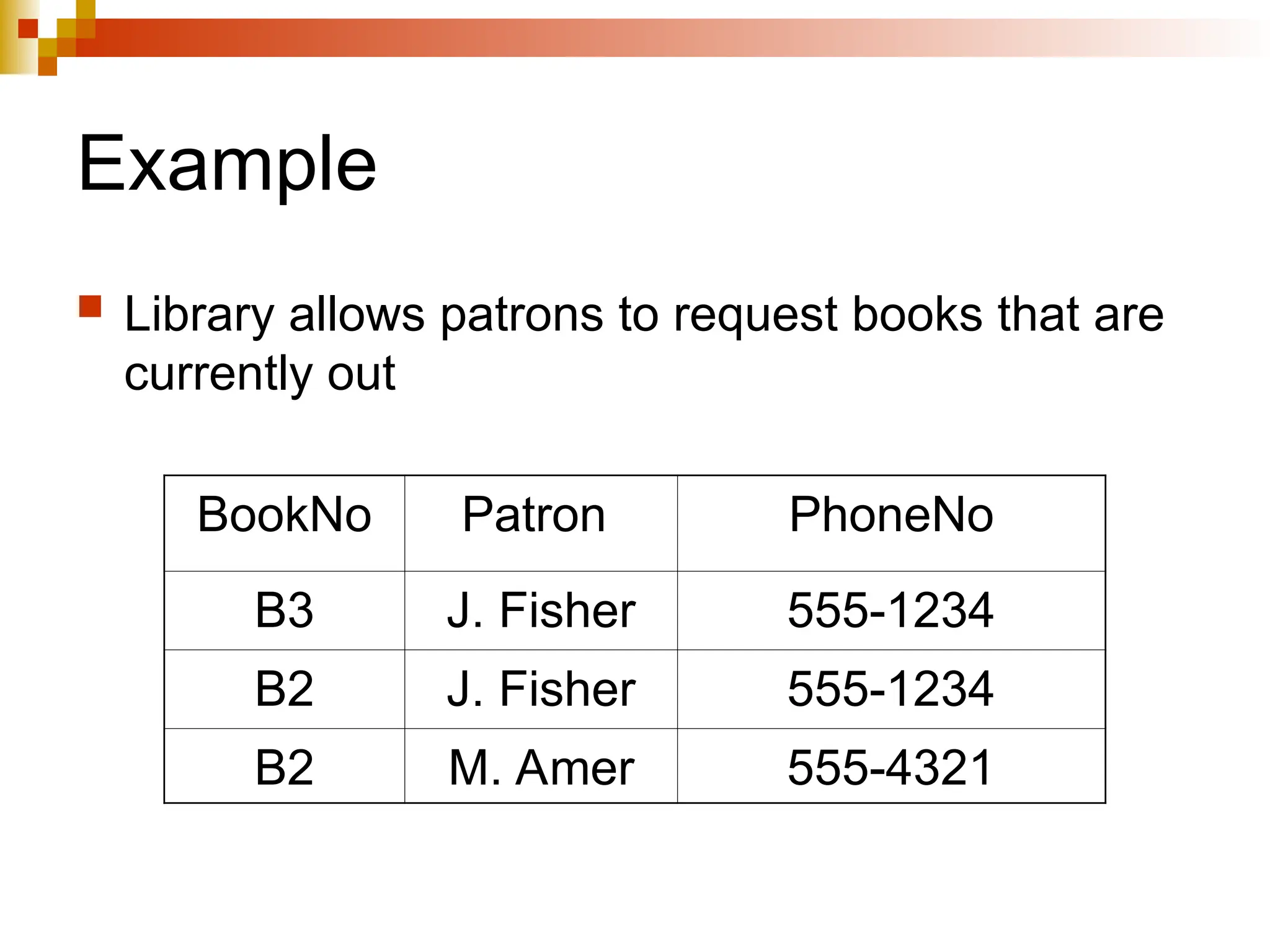 Example
 Library allows patrons to request books that are
currently out
BookNo Patron PhoneNo
B3 J. Fisher 555-1234
B2 J. Fisher 555-1234
B2 M. Amer 555-4321
 