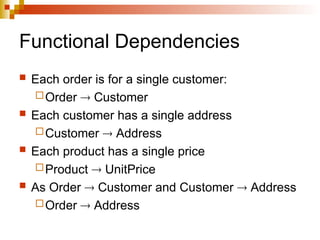 Functional Dependencies
 Each order is for a single customer:
Order  Customer
 Each customer has a single address
Customer  Address
 Each product has a single price
Product  UnitPrice
 As Order  Customer and Customer  Address
Order  Address
 