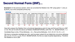 Second Normal Form (2NF)…
Example 2: In the previous section, when we converted the Relation into 1NF using option 1. (roll_no
& phone_no) is the composite primary key
Now let's analyze this Relation from a functional dependency point of view and find out if this is in 2NF
or not. We can re-write the above as Relation R(ABCDEFGHIJKL) with FDs = A→BCDEFGHIJK, I→J
Candidate Keys is (AL). Prime Attributes – A, L. Non-prime Attributes – B, C, D, E, F, G, H, I, J, K
We have a composite candidate key (AL), and its proper subset (A) can determine non-prime attributes
(B, C, D, E, F, G, H, I, J, K), FD (A→BCDEFGHIJK). So this is a case of partial dependency. Therefore
the Relation is not in 2NF.
 