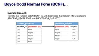 Boyce Codd Normal Form (BCNF)…
Example 3 (contd.):
To make this Relation satisfy BCNF, we will decompose this Relation into two relations
STUDENT_PROFESSOR and PROFESSOR_SUBJECT.
 