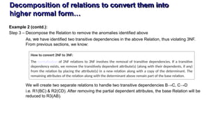 Decomposition of relations to convert them into
higher normal form…
Example 2 (contd.):
Step 3 – Decompose the Relation to remove the anomalies identified above
As, we have identified two transitive dependencies in the above Relation, thus violating 3NF.
From previous sections, we know:
We will create two separate relations to handle two transitive dependencies B→C, C→D
i.e. R1(BC) & R2(CD). After removing the partial dependent attributes, the base Relation will be
reduced to R3(AB).
How to convert 2NF to 3NF:
The normalization of 2NF relations to 3NF involves the removal of transitive dependencies. If a transitive
dependency exists, we remove the transitively dependent attribute(s) (along with their dependents, if any)
from the relation by placing the attribute(s) in a new relation along with a copy of the determinant. The
remaining attributes of the relation along with the determinant above remain part of the base relation.
 