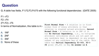 Q. A table has fields, F1,F2,F3,F4,F5 with the following functional dependencies: (GATE 2005)
F1→F3
F2→F4
(F1.F2)→F5
In terms of Normalization, this table is in:-
A. 1NF
B. 2NF
C. 3NF
D. None of these
Question
First Normal Form - A relation is in first
normal form if every attribute in that
relation is singled valued attribute. Second
Normal Form - A relation is in 2NF if it
has No Partial Dependency, i.e., no non-prime
attribute (attributes which are not part of
any candidate key) is dependent on any proper
subset of any candidate key of the table. This
table has Partial Dependency f1->f3, f2->
f4 given (F1,F2) is Key So answer is A
 