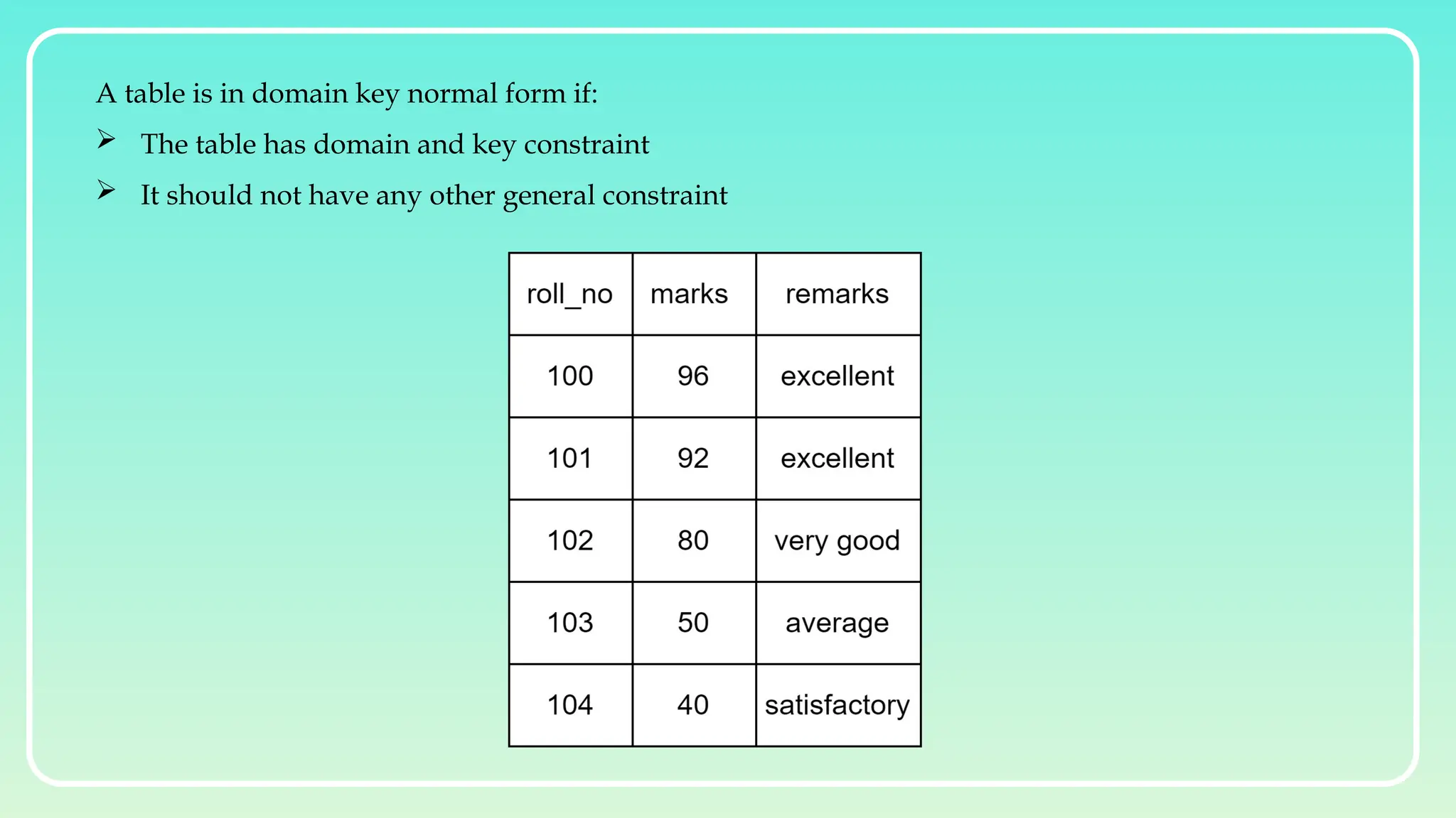 A table is in domain key normal form if:
 The table has domain and key constraint
 It should not have any other general constraint
 