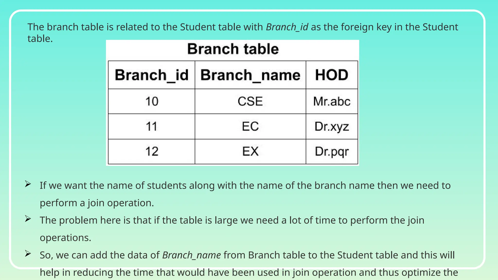 The branch table is related to the Student table with Branch_id as the foreign key in the Student
table.
 If we want the name of students along with the name of the branch name then we need to
perform a join operation.
 The problem here is that if the table is large we need a lot of time to perform the join
operations.
 So, we can add the data of Branch_name from Branch table to the Student table and this will
help in reducing the time that would have been used in join operation and thus optimize the
 