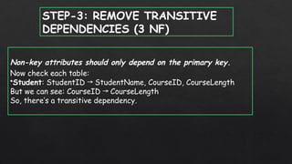 STEP-3: REMOVE TRANSITIVE
DEPENDENCIES (3 NF)
Non-key attributes should only depend on the primary key.
Now check each table:
•Student: StudentID StudentName, CourseID, CourseLength
→
But we can see: CourseID CourseLength
→
So, there’s a transitive dependency.
 