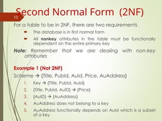 For a table to be in 2NF, there are two requirements
 The database is in first normal form
 All nonkey attributes in the table must be functionally
dependent on the entire primary key
Note: Remember that we are dealing with non-key
attributes
Example 1 (Not 2NF)
Scheme  {Title, PubId, AuId, Price, AuAddress}
1. Key  {Title, PubId, AuId}
2. {Title, PubId, AuID}  {Price}
3. {AuID}  {AuAddress}
4. AuAddress does not belong to a key
5. AuAddress functionally depends on AuId which is a subset
of a key
10
Second Normal Form (2NF)
 