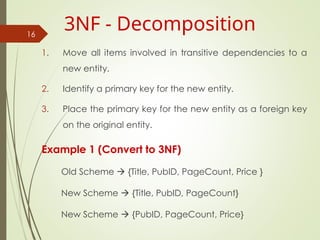 1. Move all items involved in transitive dependencies to a
new entity.
2. Identify a primary key for the new entity.
3. Place the primary key for the new entity as a foreign key
on the original entity.
Example 1 (Convert to 3NF)
Old Scheme  {Title, PubID, PageCount, Price }
New Scheme  {Title, PubID, PageCount}
New Scheme  {PubID, PageCount, Price}
16
3NF - Decomposition
 