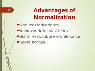 Advantages of
Normalization
Reduces redundancy
Improves data consistency
Simplifies database maintenance
Saves storage
28
 