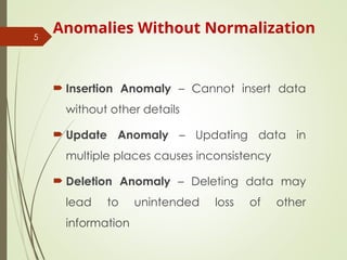 Anomalies Without Normalization
 Insertion Anomaly – Cannot insert data
without other details
 Update Anomaly – Updating data in
multiple places causes inconsistency
 Deletion Anomaly – Deleting data may
lead to unintended loss of other
information
5
 