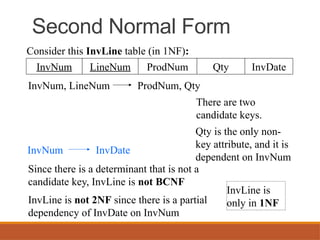 Second Normal Form
LineNum ProdNum Qty
InvNum
InvNum, LineNum ProdNum, Qty
Since there is a determinant that is not a
candidate key, InvLine is not BCNF
InvLine is not 2NF since there is a partial
dependency of InvDate on InvNum
InvDate
InvDate
InvNum
There are two
candidate keys.
Qty is the only non-
key attribute, and it is
dependent on InvNum
InvLine is
only in 1NF
Consider this InvLine table (in 1NF):
 